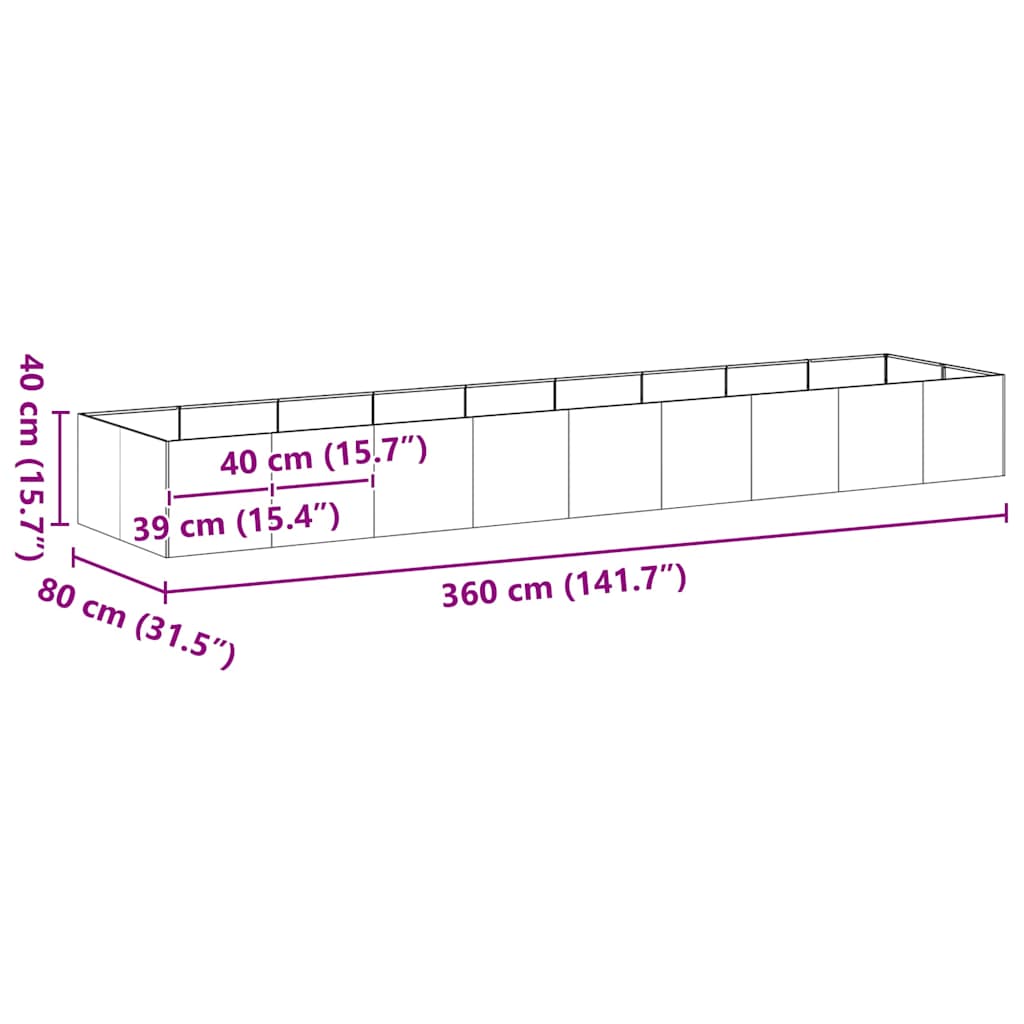 Plantenbak 360x80x40 cm gegalvaniseerd staal