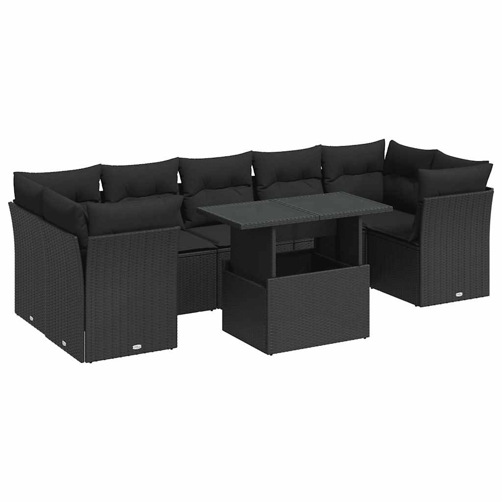 8-delige Loungeset met kussens poly rattan zwart