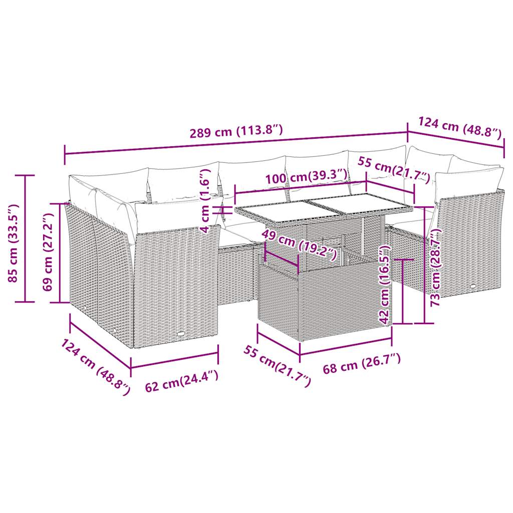 8-delige Loungeset met kussens poly rattan zwart