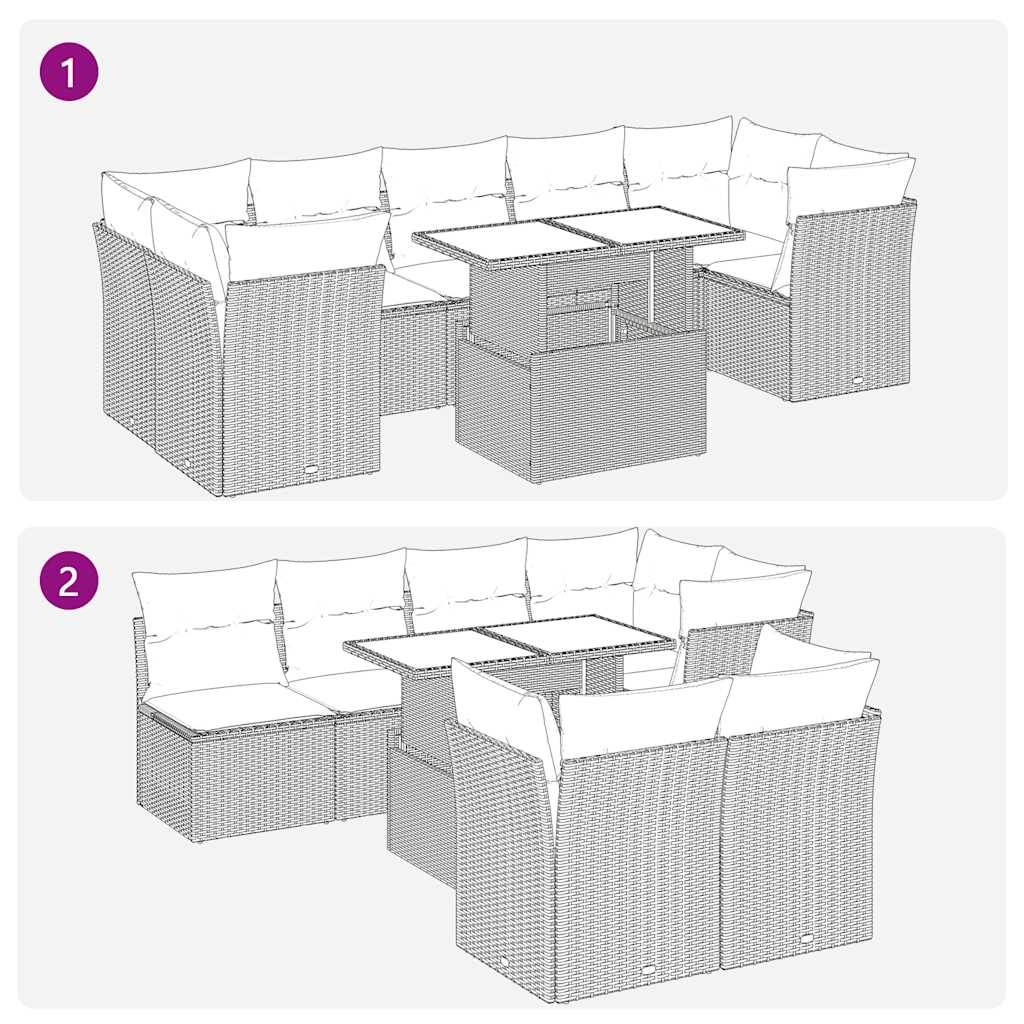 8-delige Loungeset met kussens poly rattan zwart