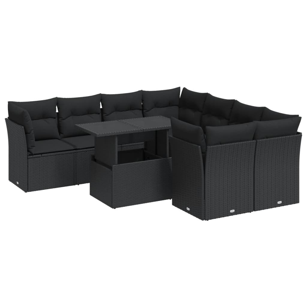 9-delige Loungeset met kussens poly rattan zwart