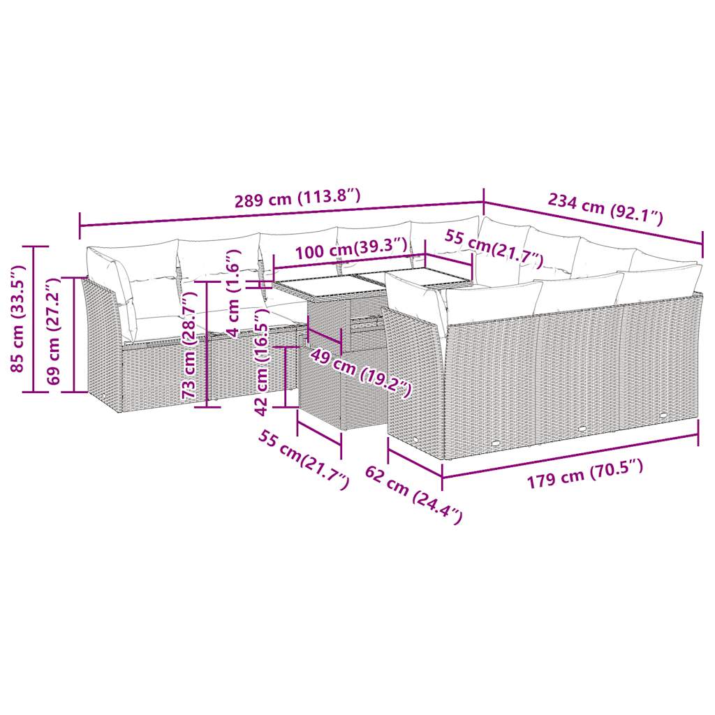 11-delige Tuinset met kussens poly rattan beige