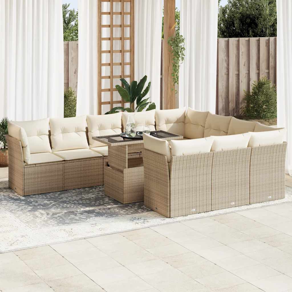 11-delige Tuinset met kussens poly rattan beige