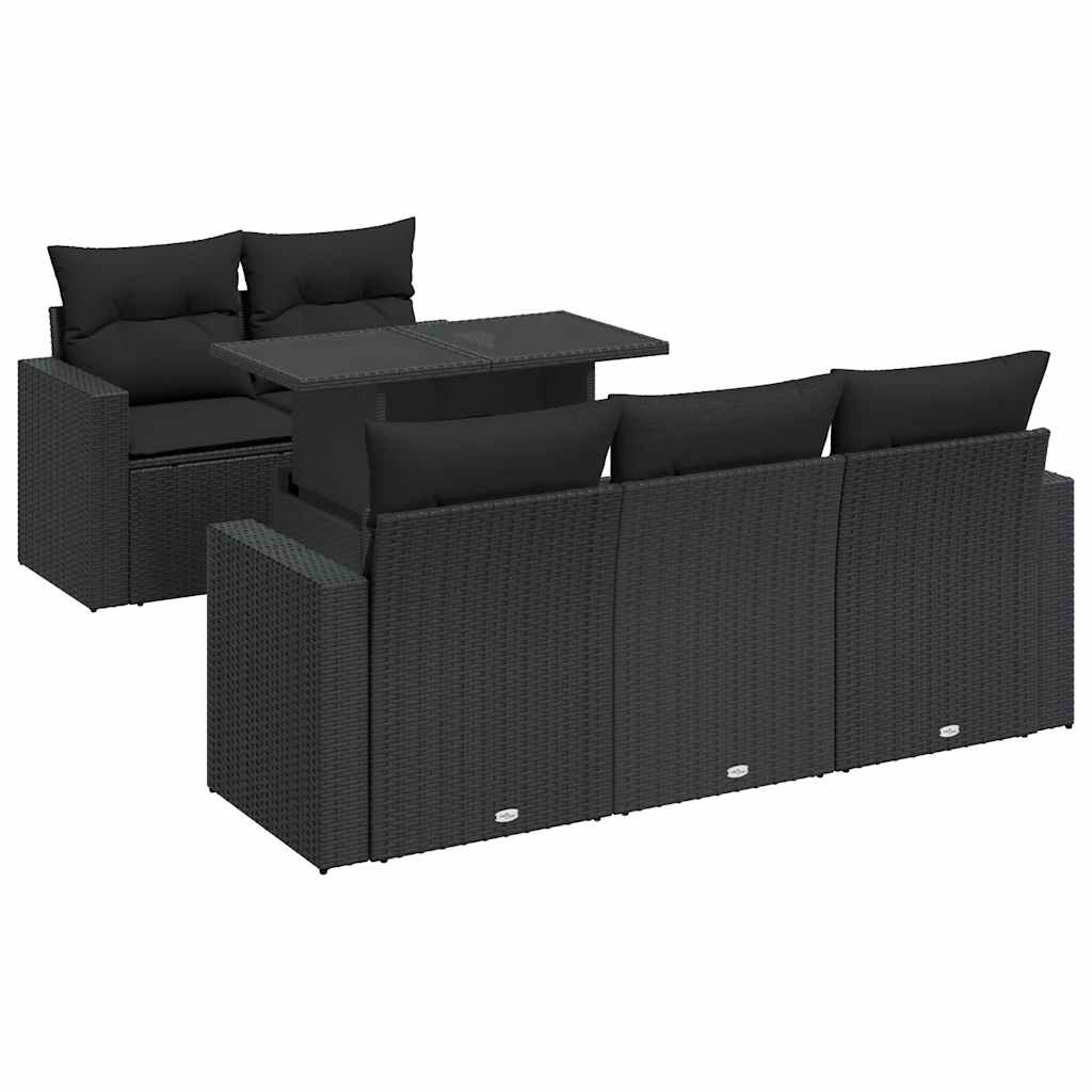 6-delige Loungeset met kussens poly rattan zwart