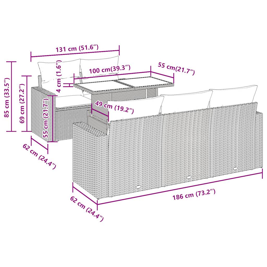 6-delige Loungeset met kussens poly rattan zwart