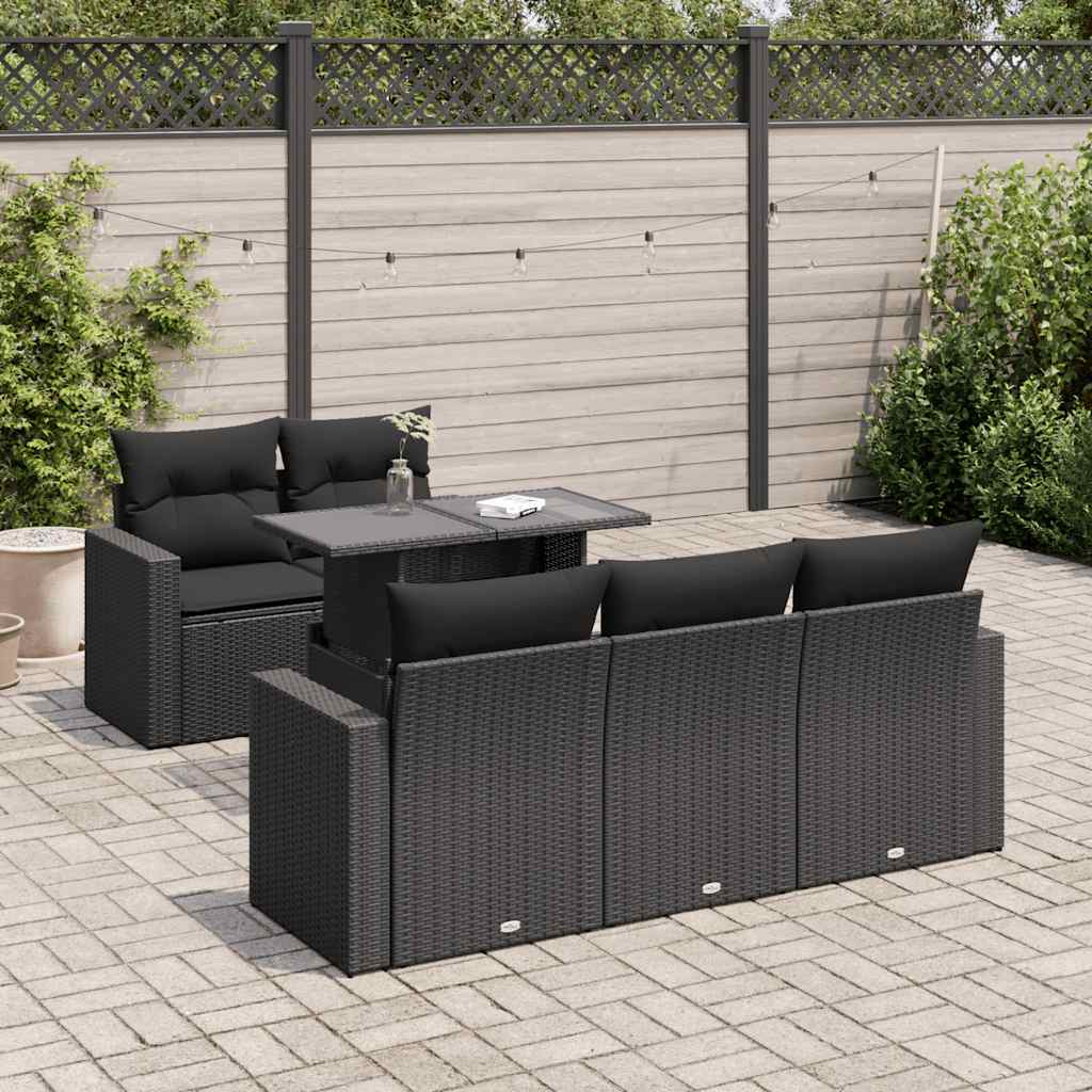 6-delige Loungeset met kussens poly rattan zwart