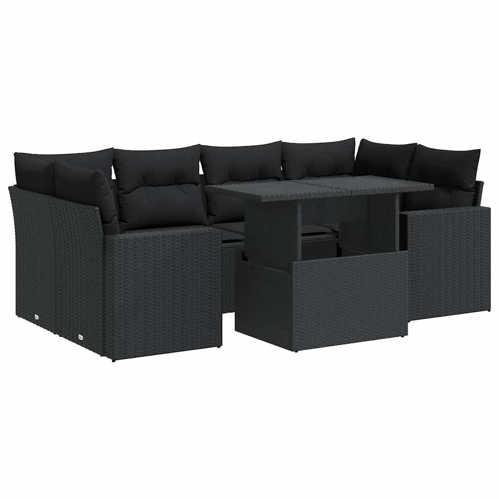 7-delige Loungeset met kussens poly rattan zwart