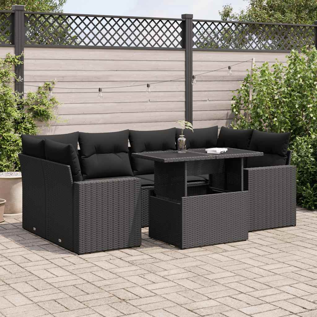 7-delige Loungeset met kussens poly rattan zwart