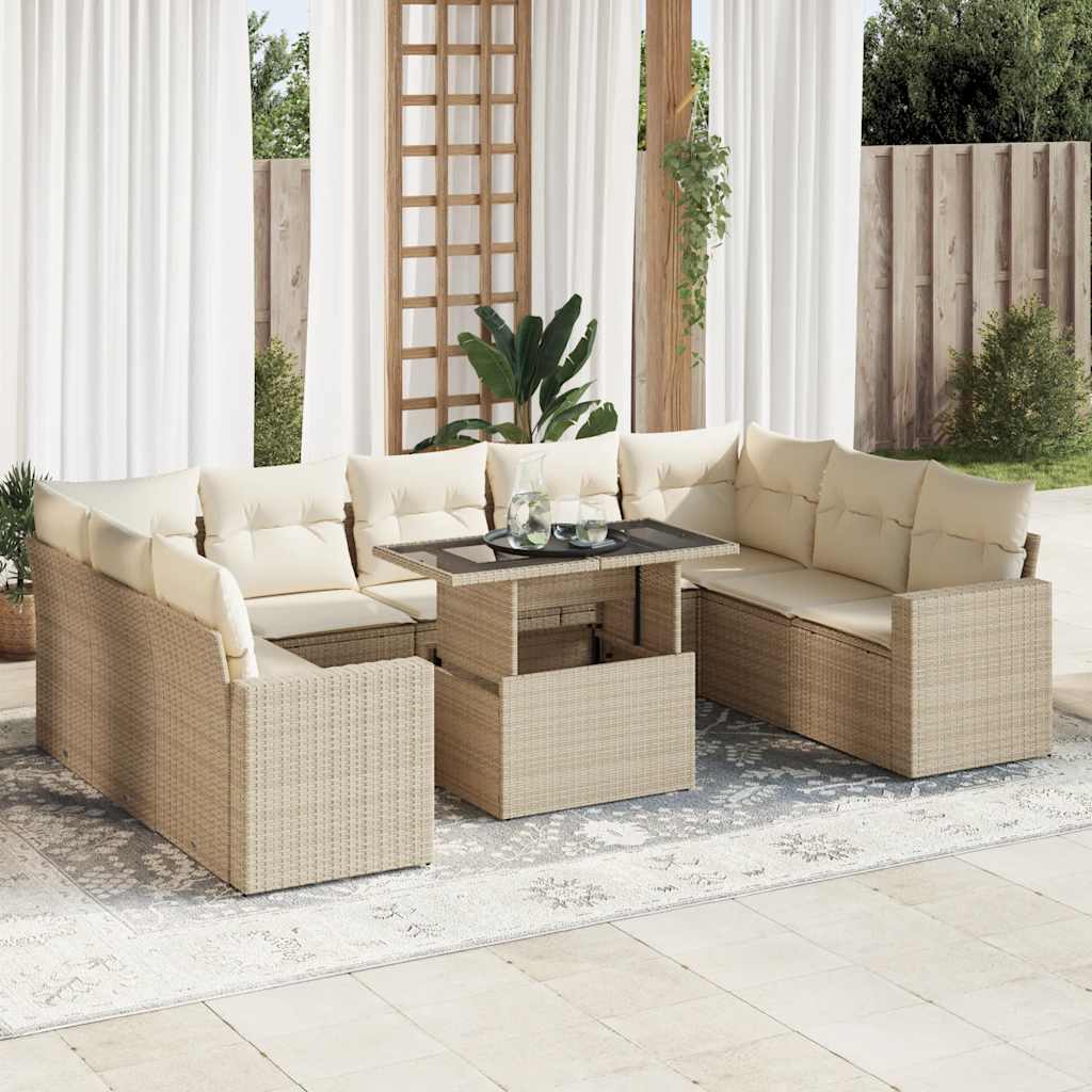 10-delige Loungeset met kussens poly rattan beige