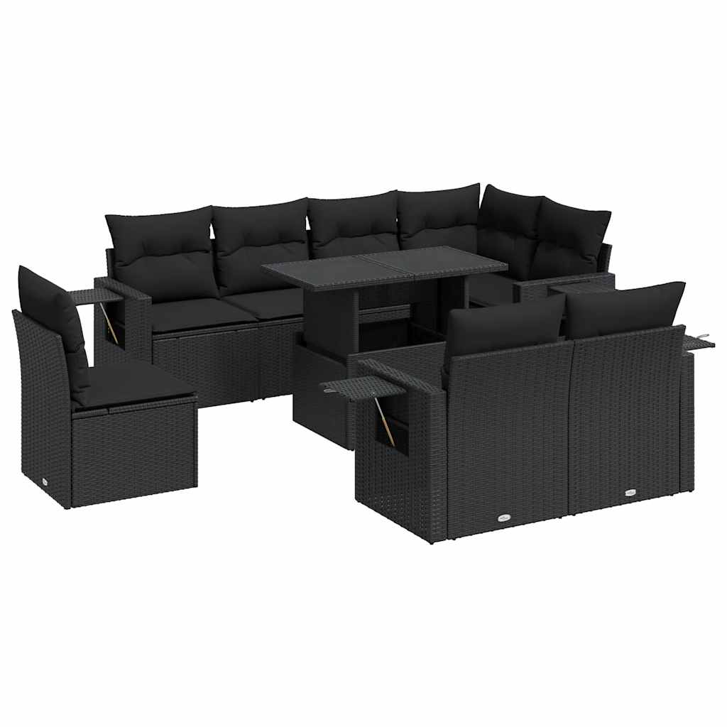 9-delige Loungeset met kussens poly rattan zwart