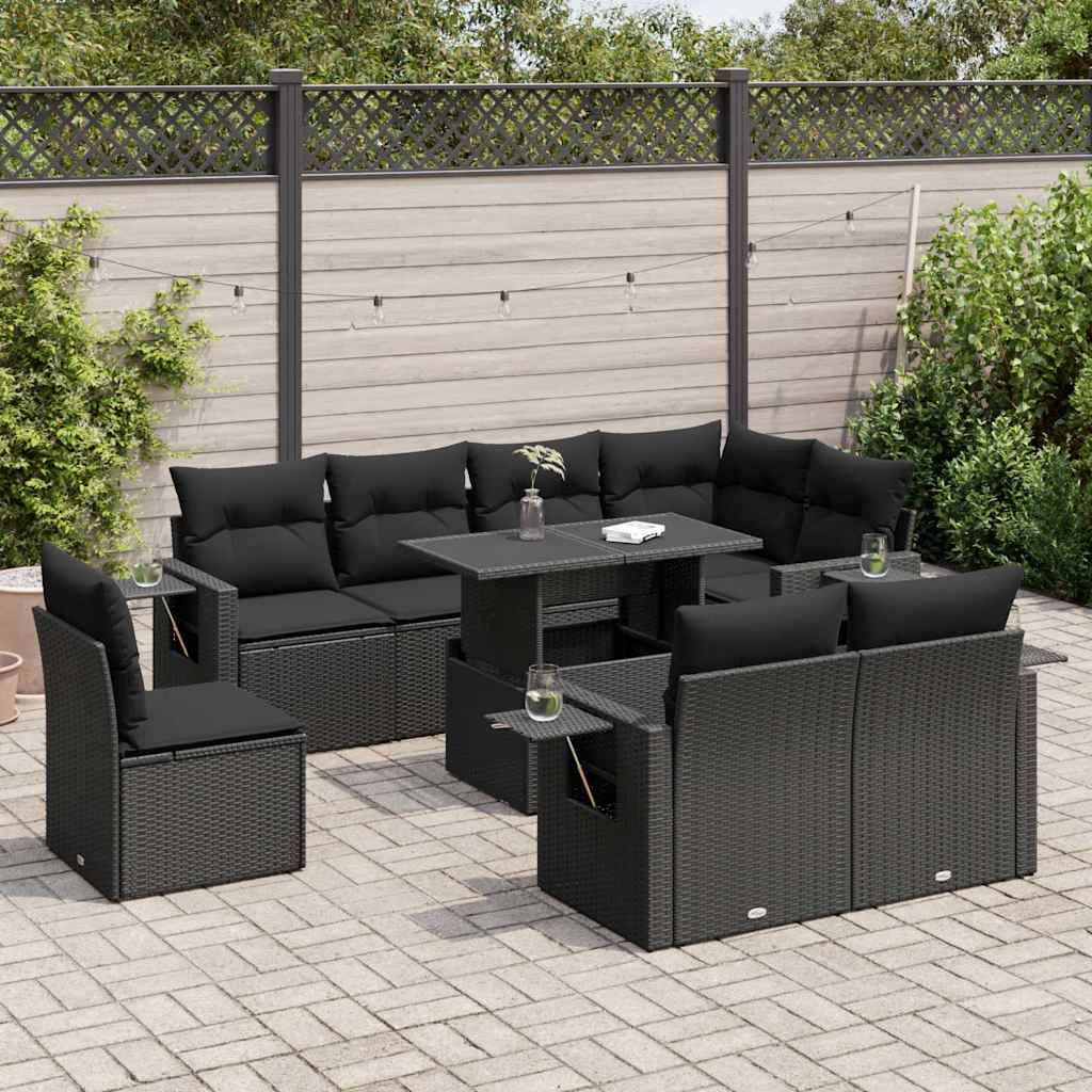 9-delige Loungeset met kussens poly rattan zwart