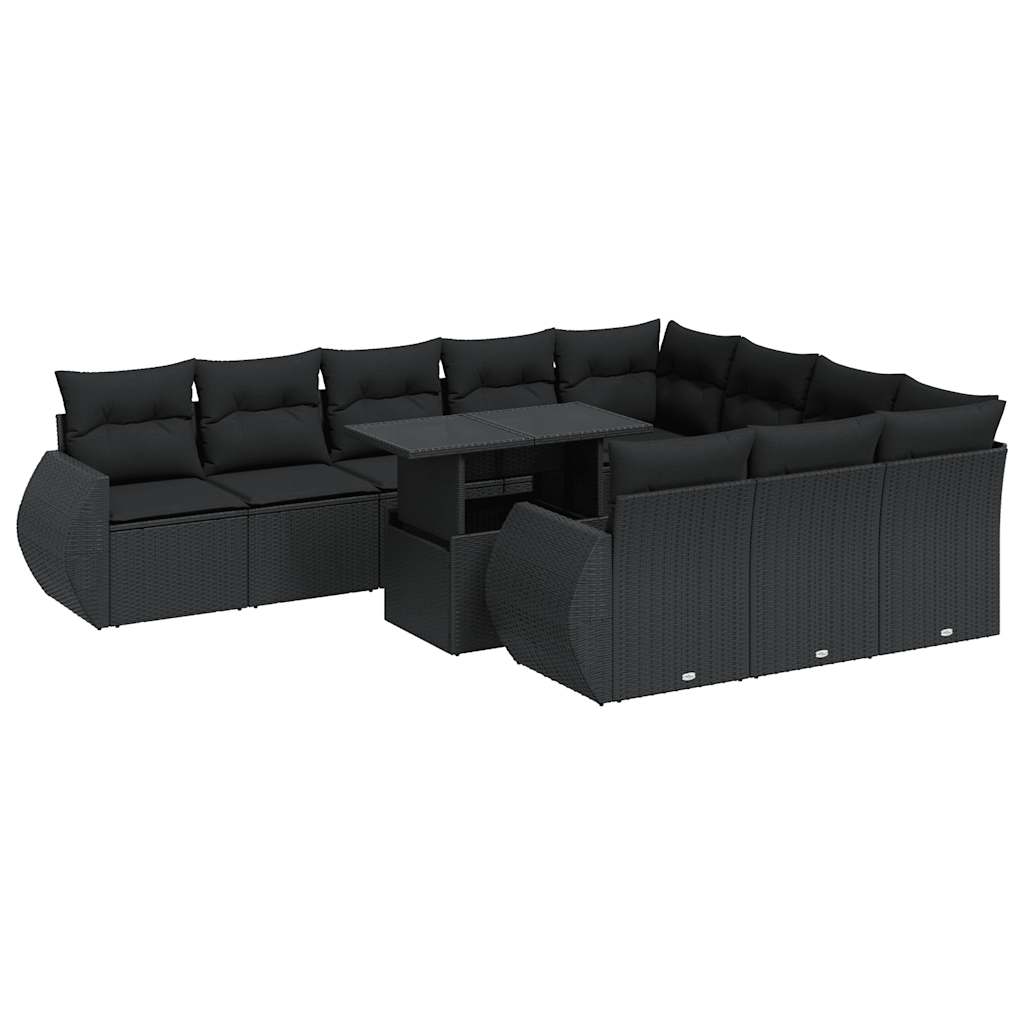 11-delige Loungeset met kussens poly rattan zwart