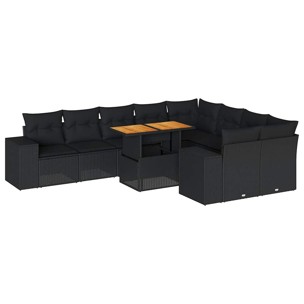 10-delige Loungeset met kussens poly rattan acacia zwart