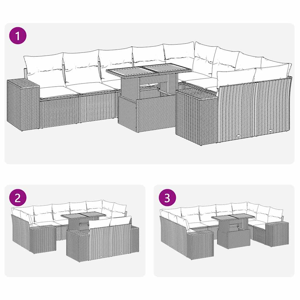 10-delige Loungeset met kussens poly rattan acacia zwart