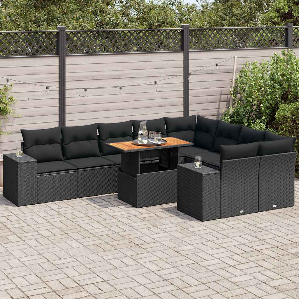 10-delige Loungeset met kussens poly rattan acacia zwart