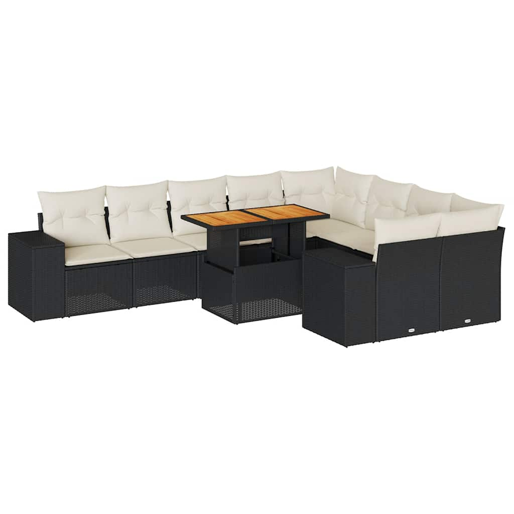 10-delige Loungeset met kussens poly rattan acacia zwart