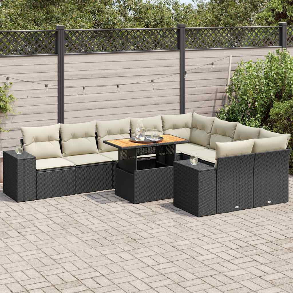 10-delige Loungeset met kussens poly rattan acacia zwart