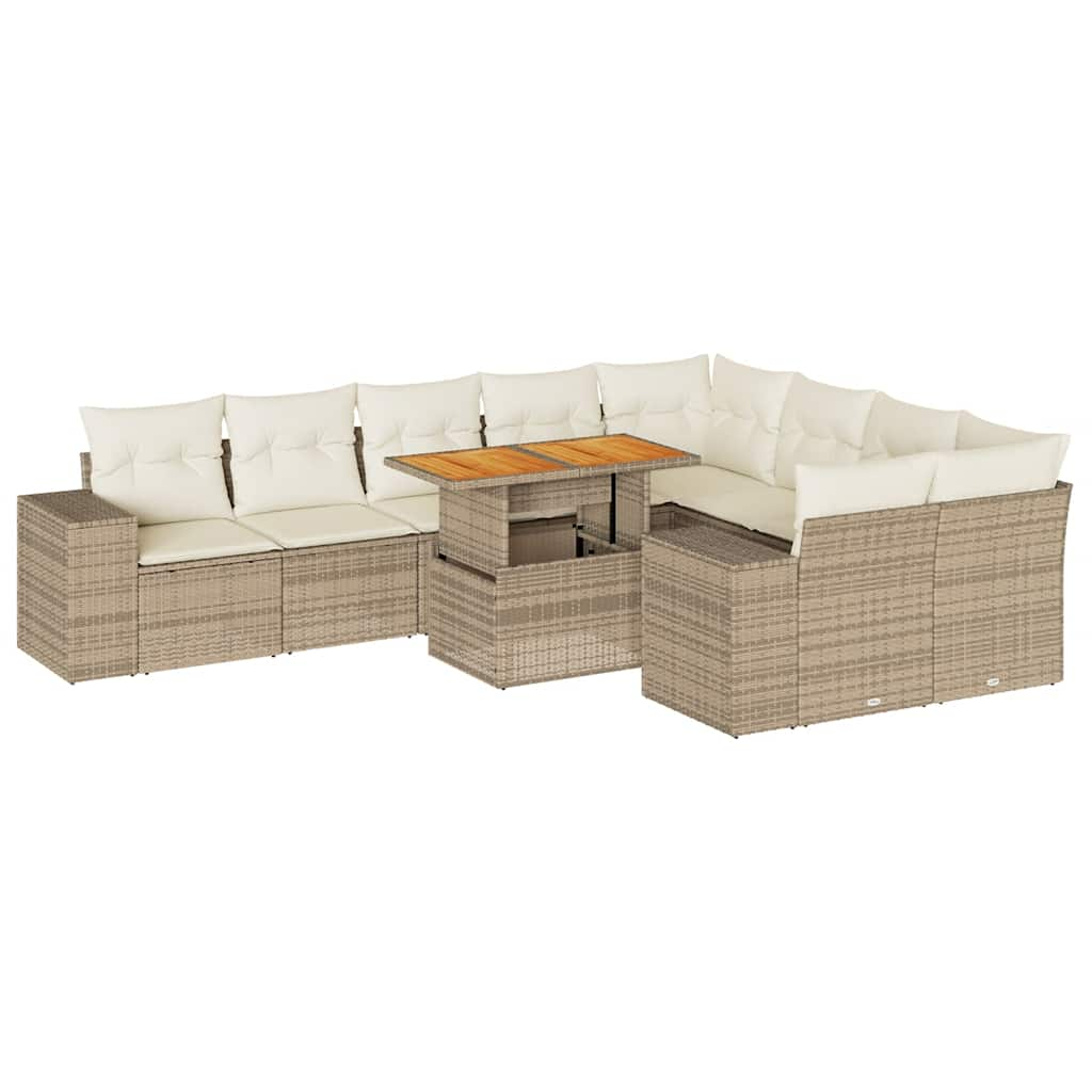 10-delige Loungeset met kussens poly rattan acacia beige