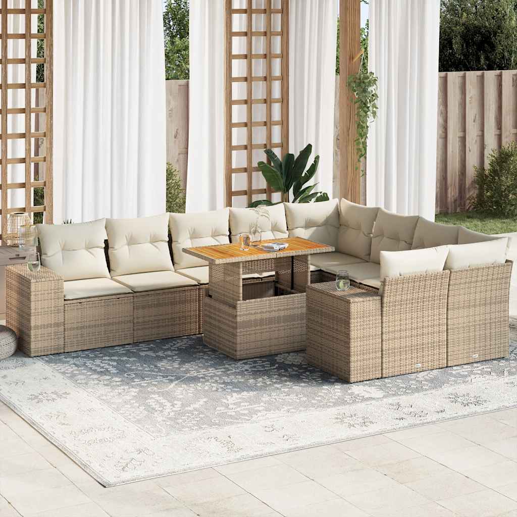 10-delige Loungeset met kussens poly rattan acacia beige