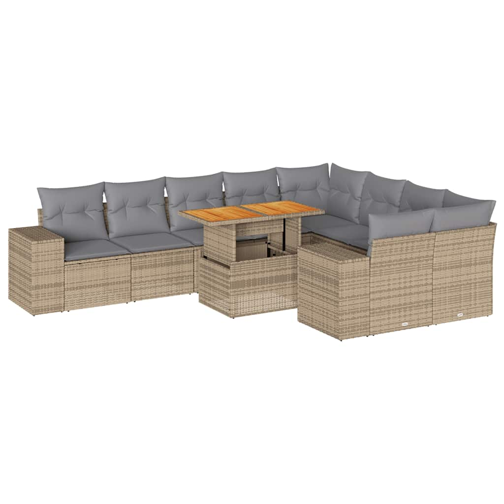 10-delige Loungeset met kussens poly rattan acacia beige