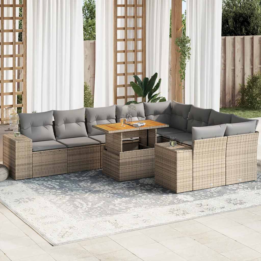 10-delige Loungeset met kussens poly rattan acacia beige