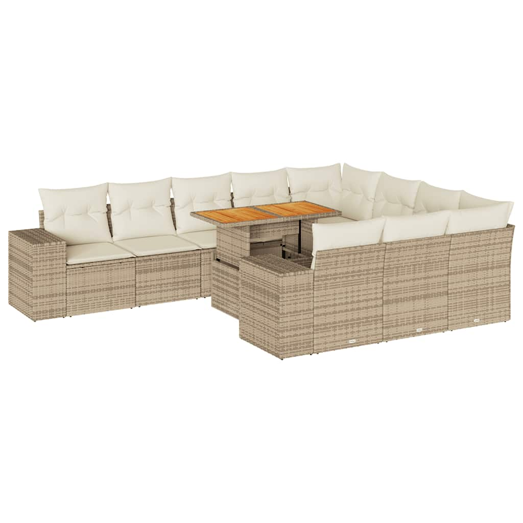 10-delige Loungeset met kussens poly rattan acacia beige