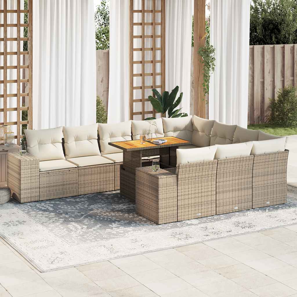 10-delige Loungeset met kussens poly rattan acacia beige