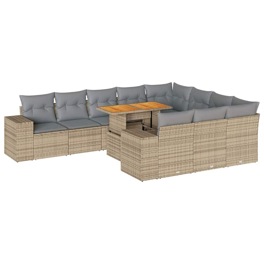 10-delige Loungeset met kussens poly rattan acacia beige