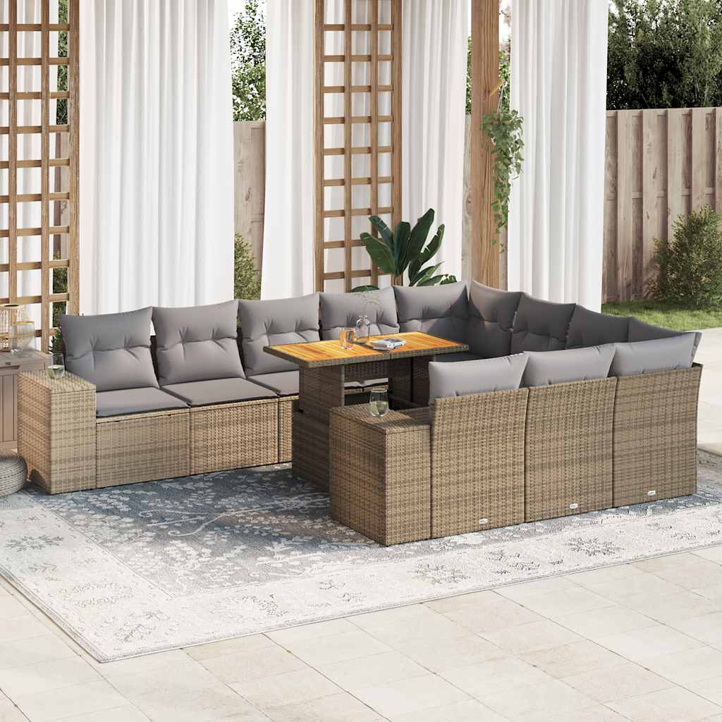 10-delige Loungeset met kussens poly rattan acacia beige