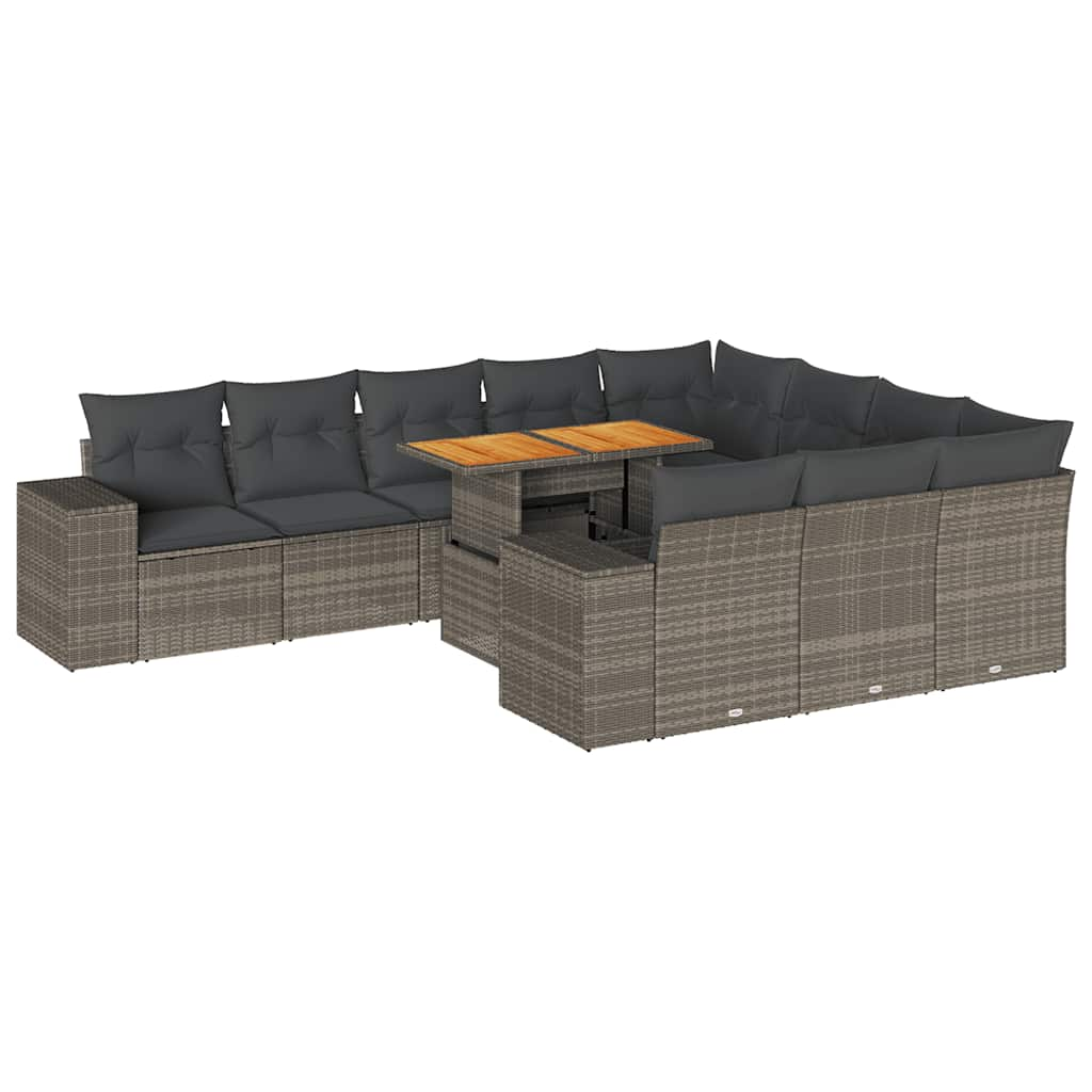 10-delige Loungeset met kussens poly rattan acacia grijs