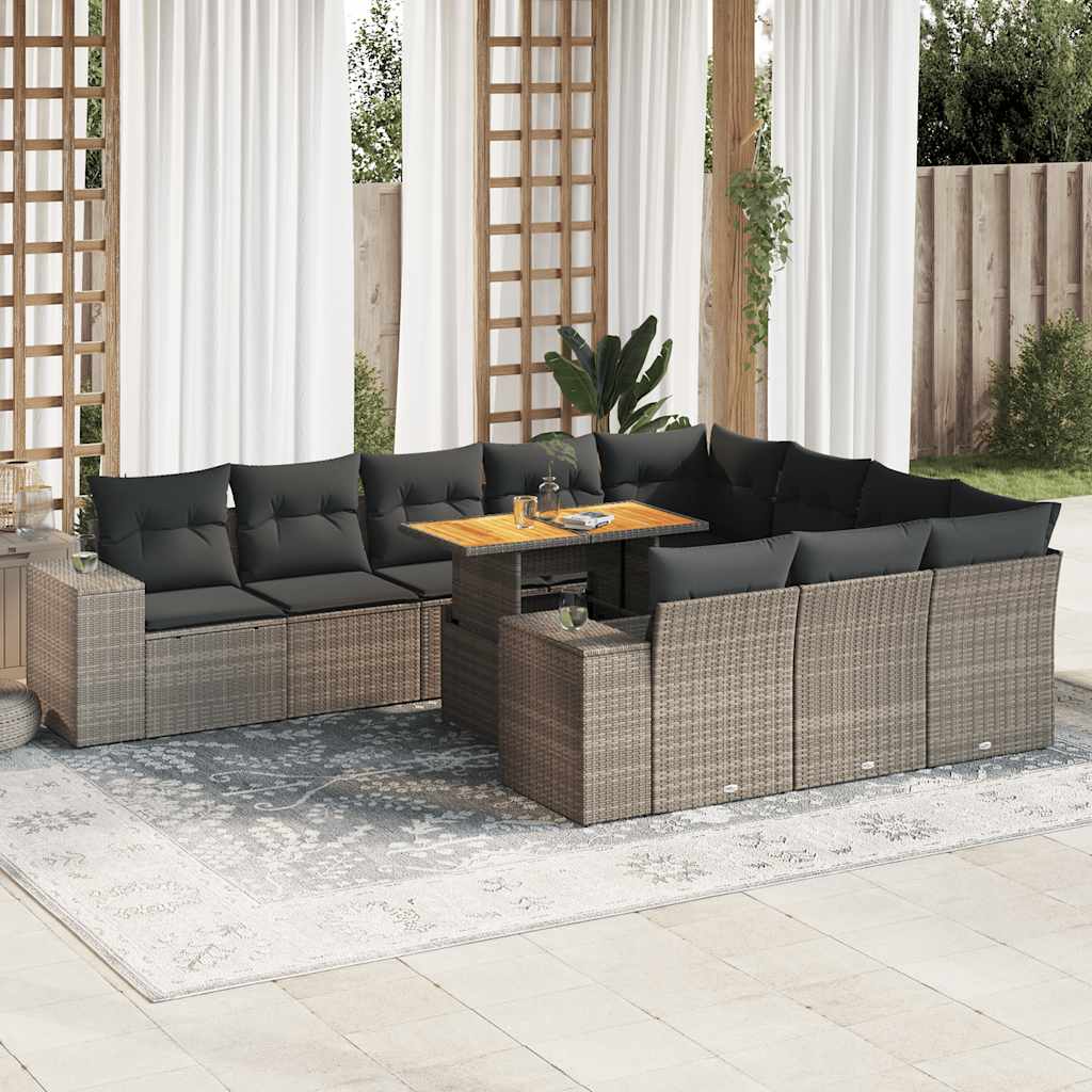 10-delige Loungeset met kussens poly rattan acacia grijs