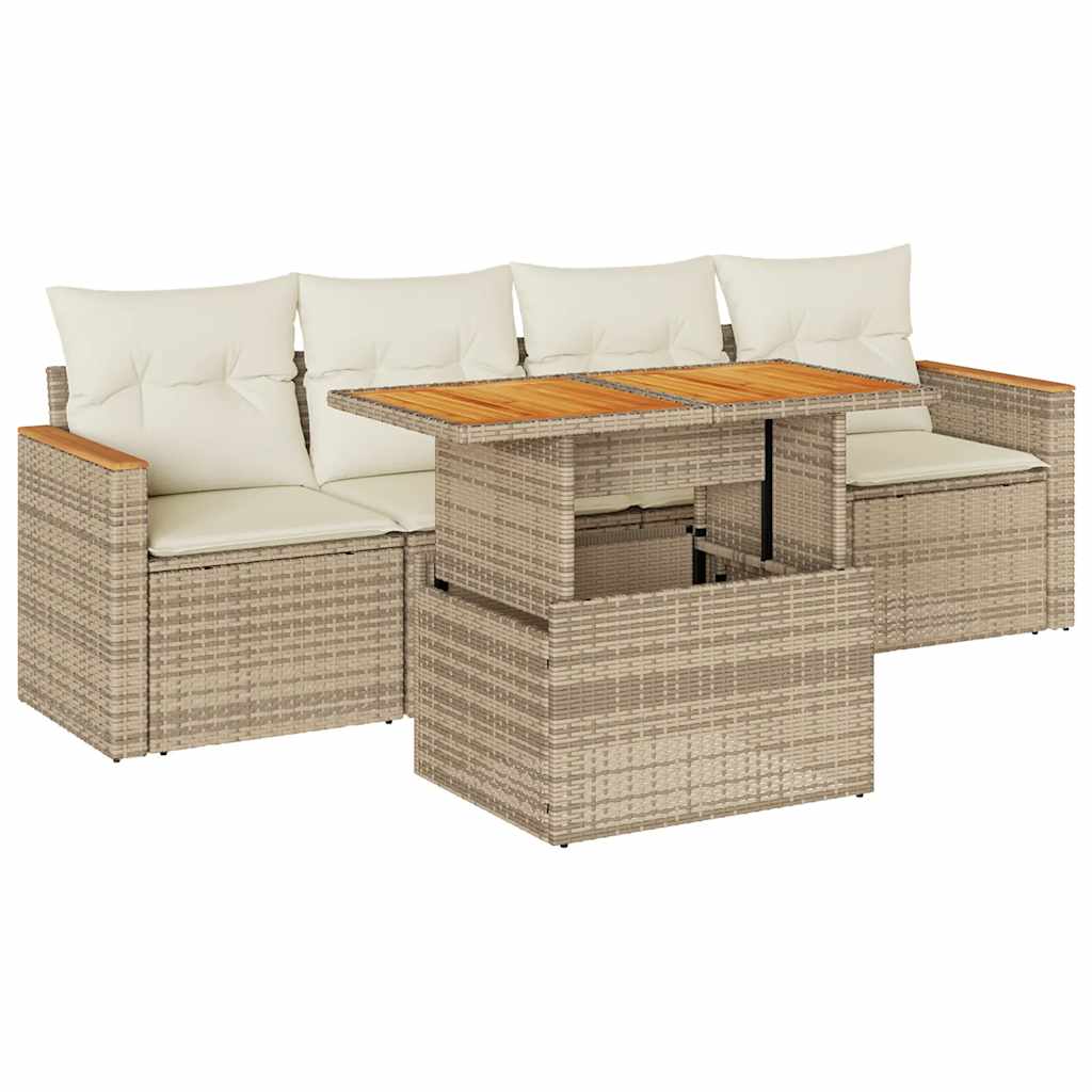 5-delige Loungeset met kussens poly rattan en acaciahout beige