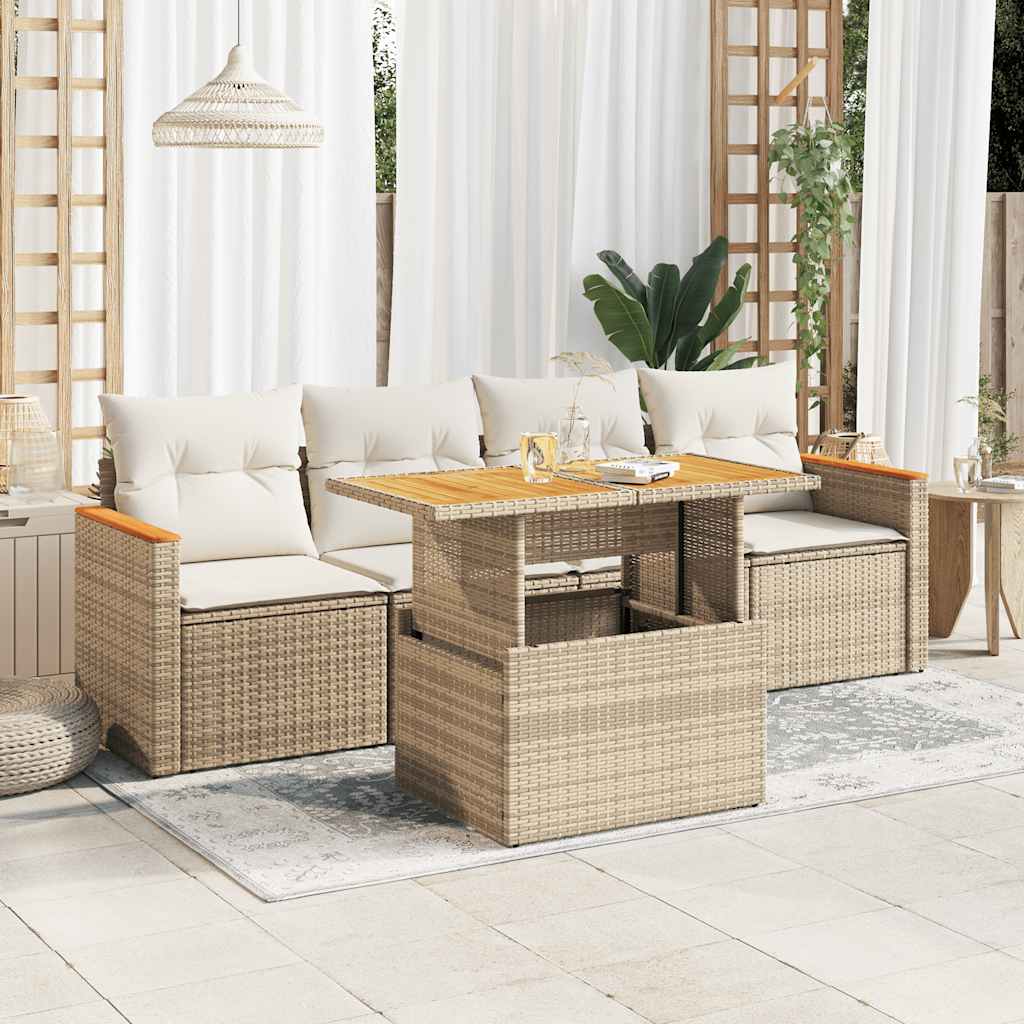 5-delige Loungeset met kussens poly rattan en acaciahout beige