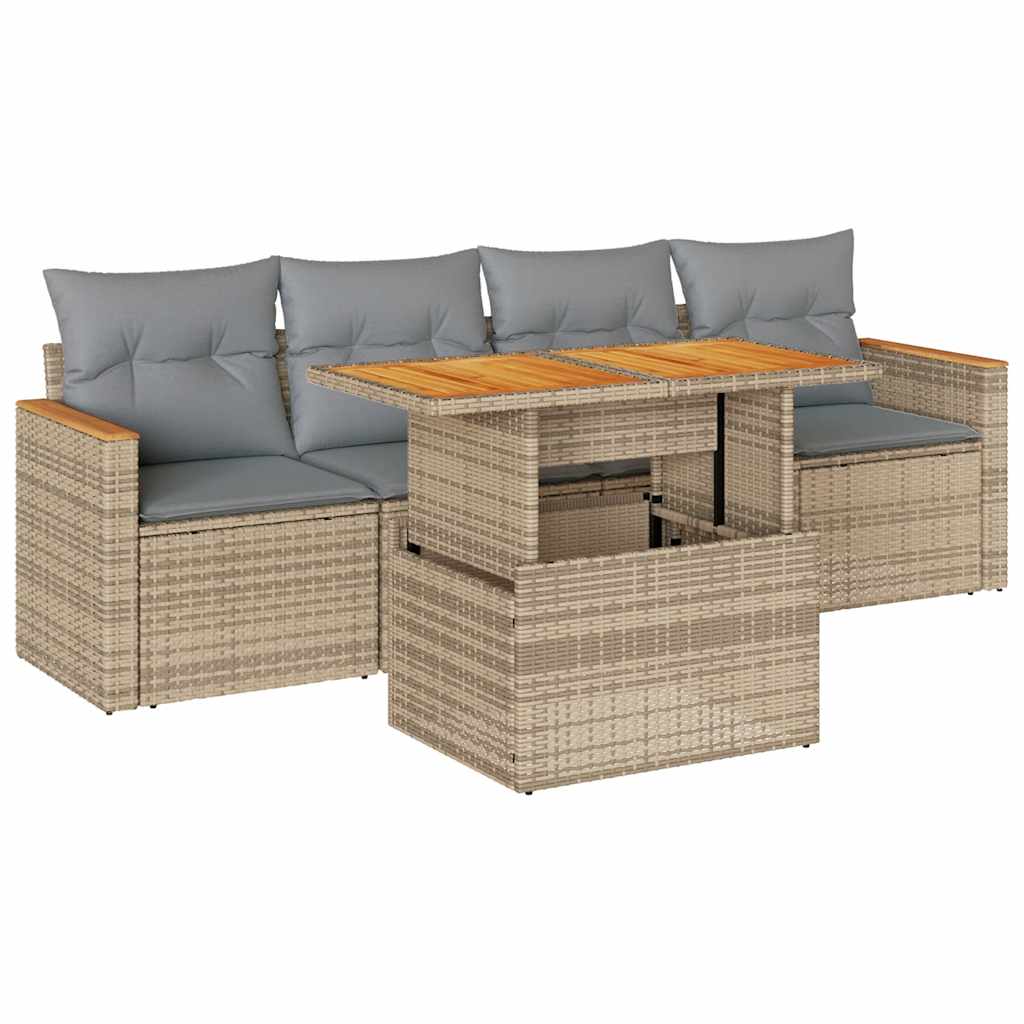 5-delige Loungeset met kussens poly rattan en acaciahout beige