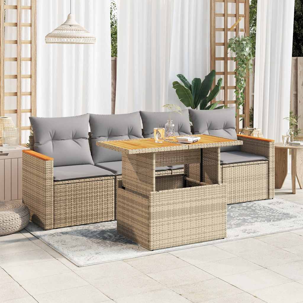 5-delige Loungeset met kussens poly rattan en acaciahout beige