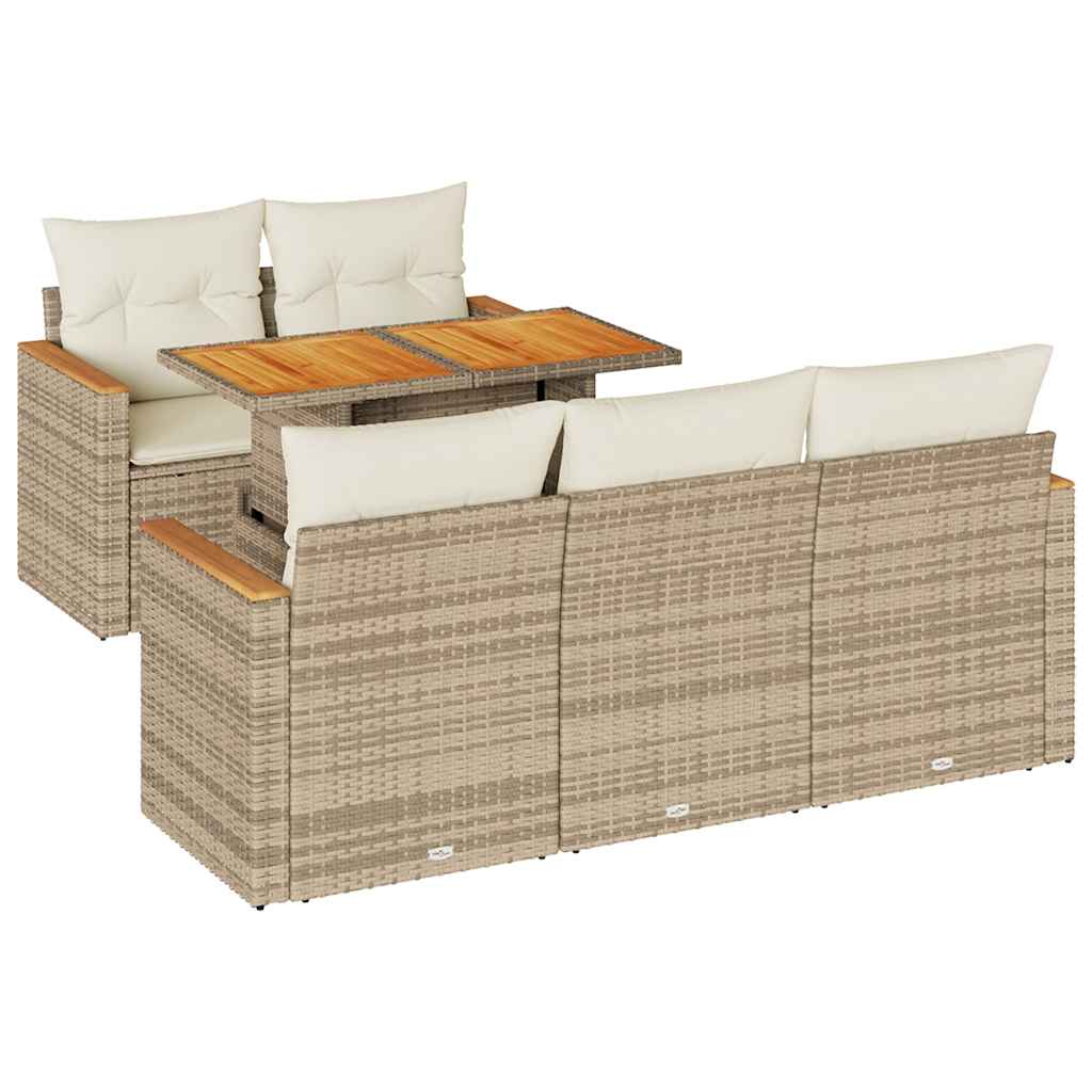 6-delige Loungeset met kussens poly rattan acacia beige