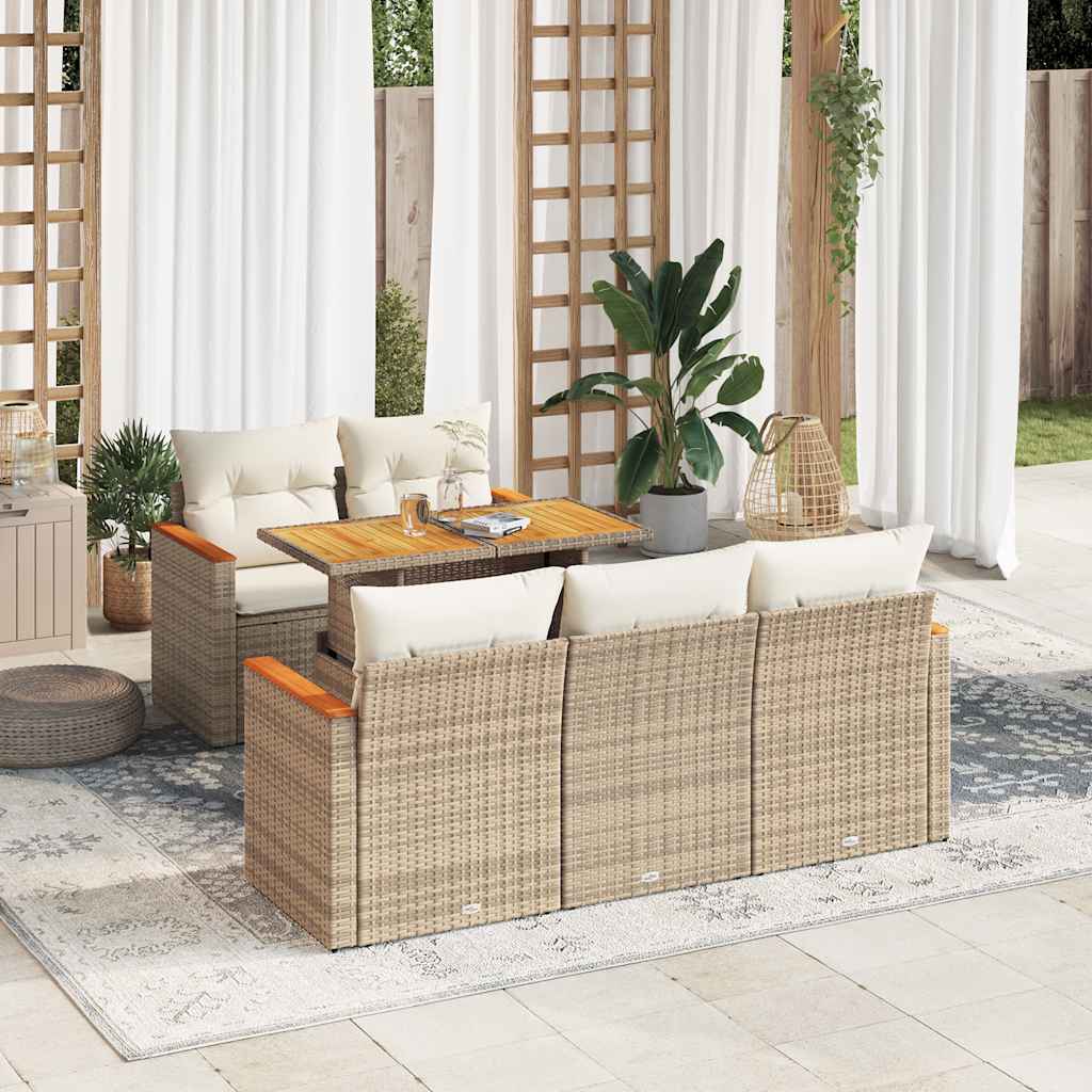 6-delige Loungeset met kussens poly rattan acacia beige