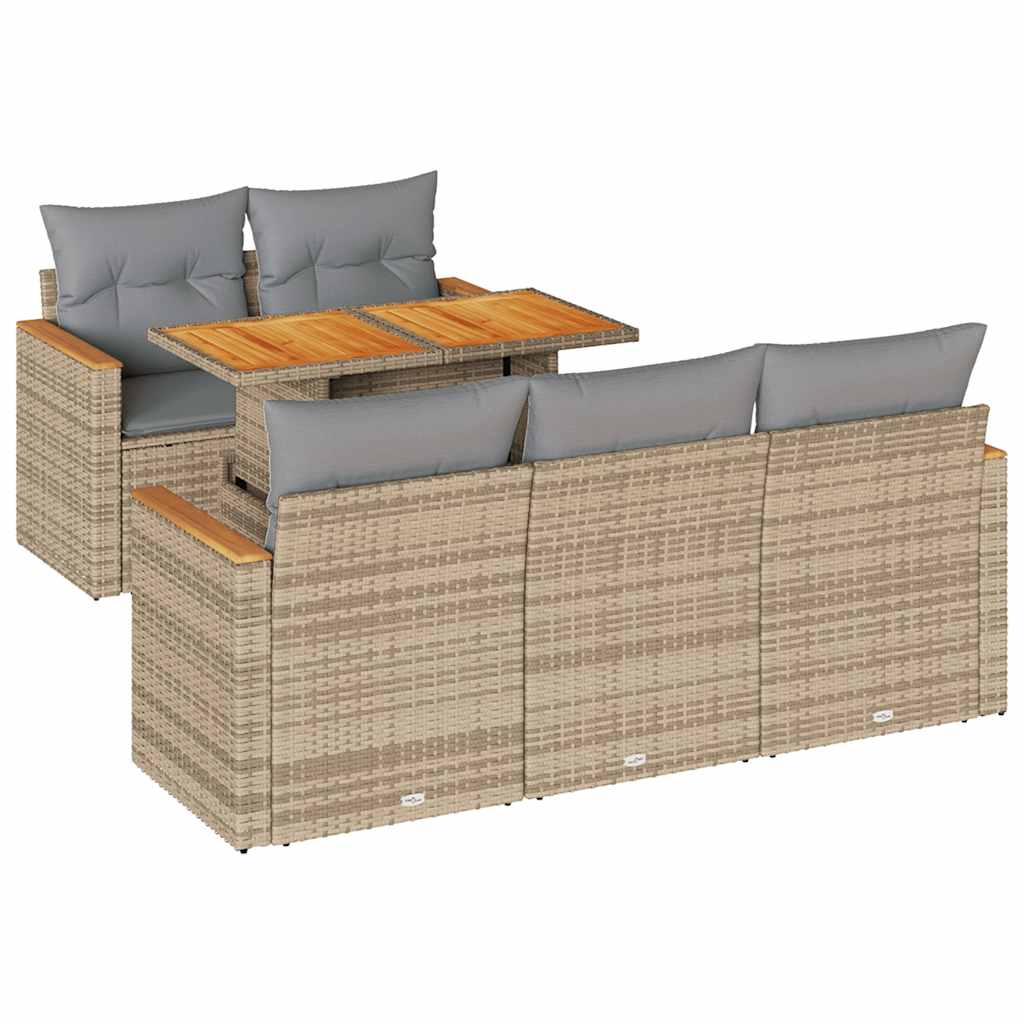 6-delige Loungeset met kussens poly rattan acacia beige