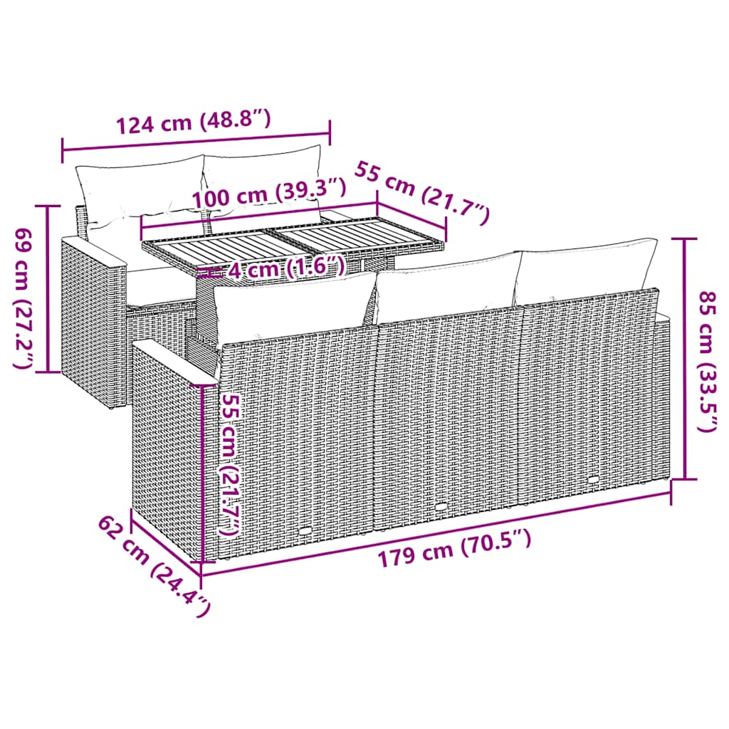 6-delige Loungeset met kussens poly rattan acacia beige