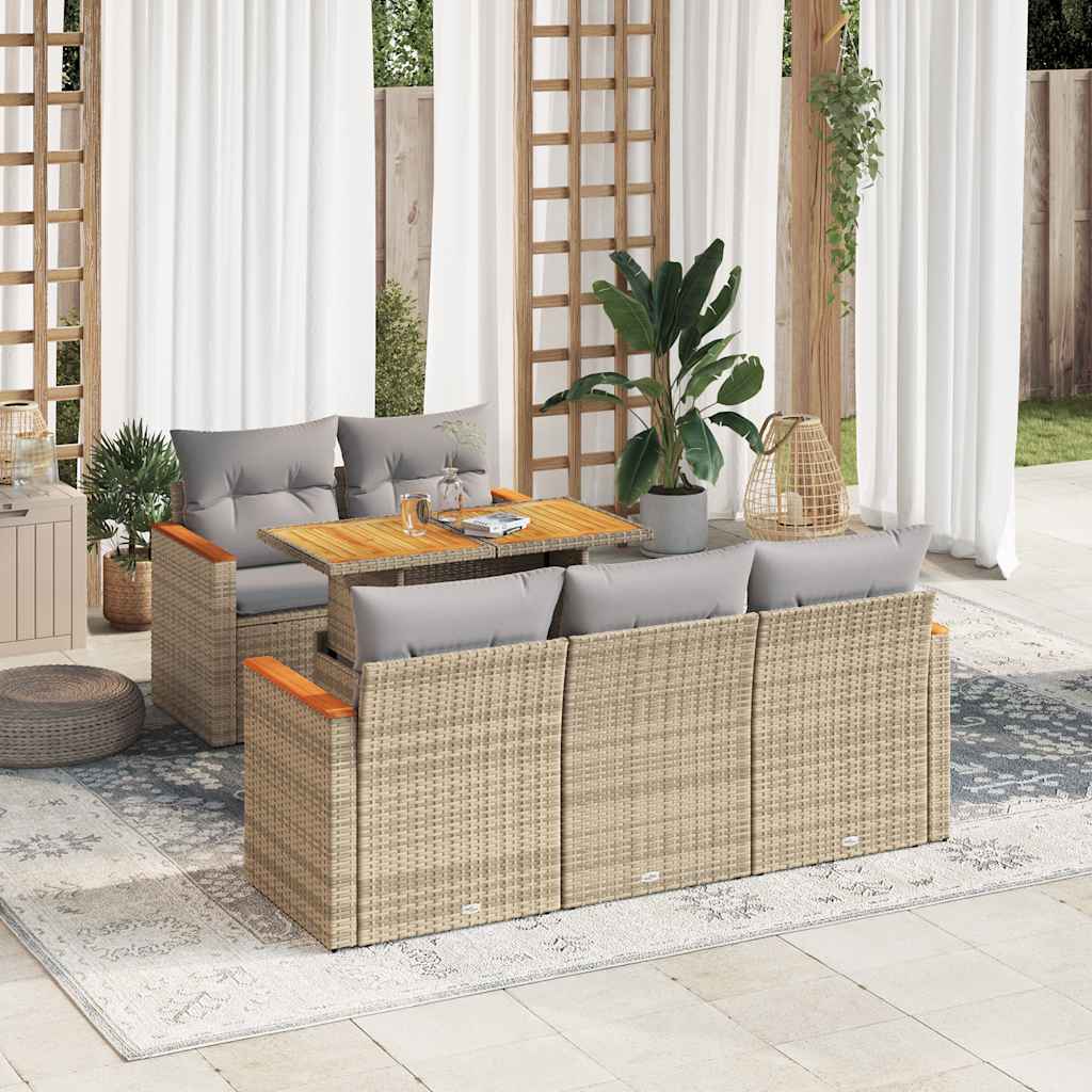 6-delige Loungeset met kussens poly rattan acacia beige