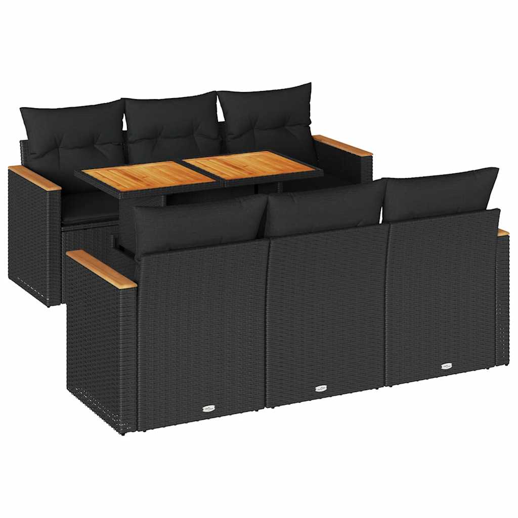 7-delige Loungeset met kussens poly rattan acacia zwart