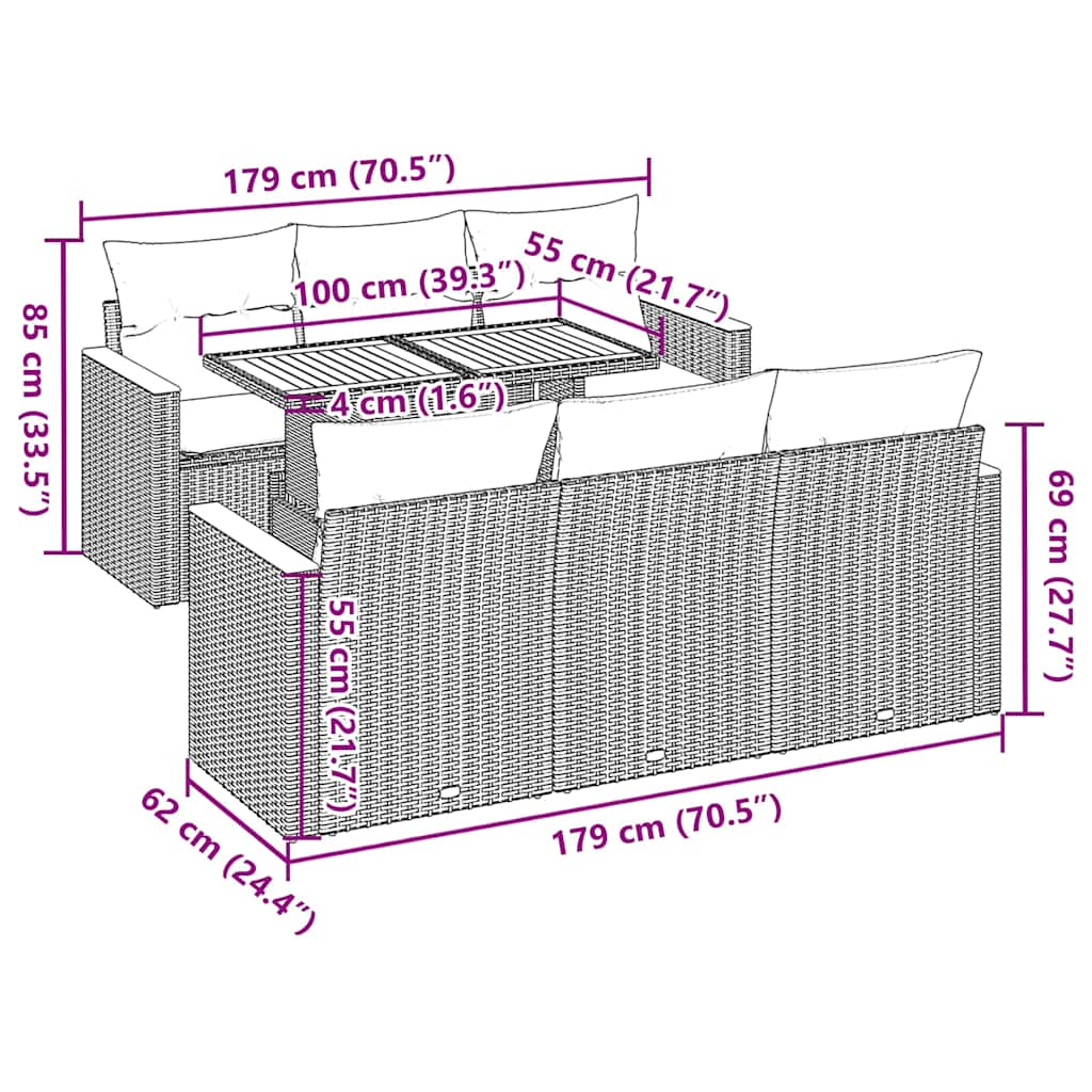 7-delige Loungeset met kussens poly rattan acacia zwart