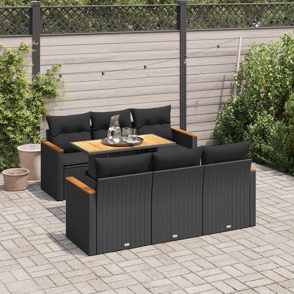 7-delige Loungeset met kussens poly rattan acacia zwart