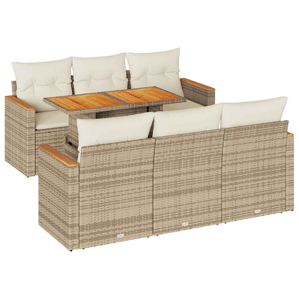 7-delige Loungeset met kussens poly rattan acacia beige