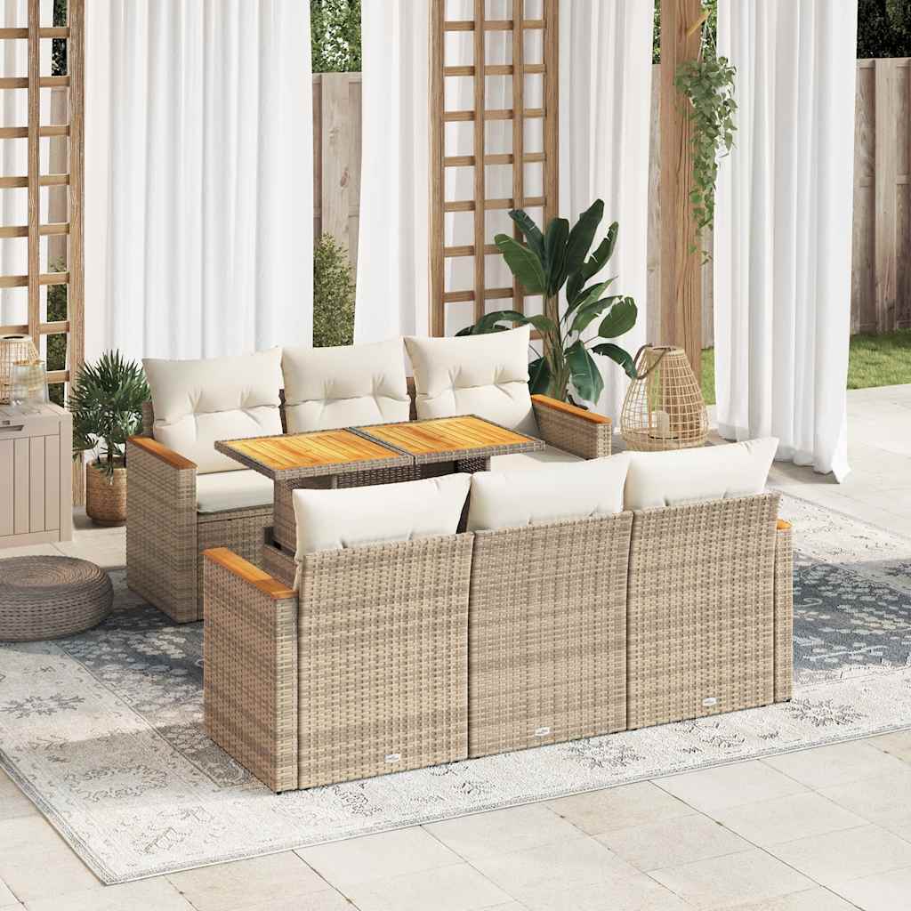 7-delige Loungeset met kussens poly rattan acacia beige