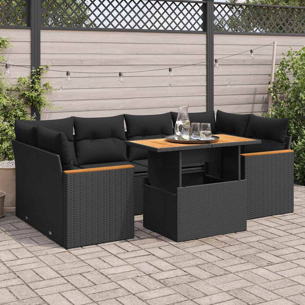 6-delige Loungeset met kussens poly rattan acacia zwart