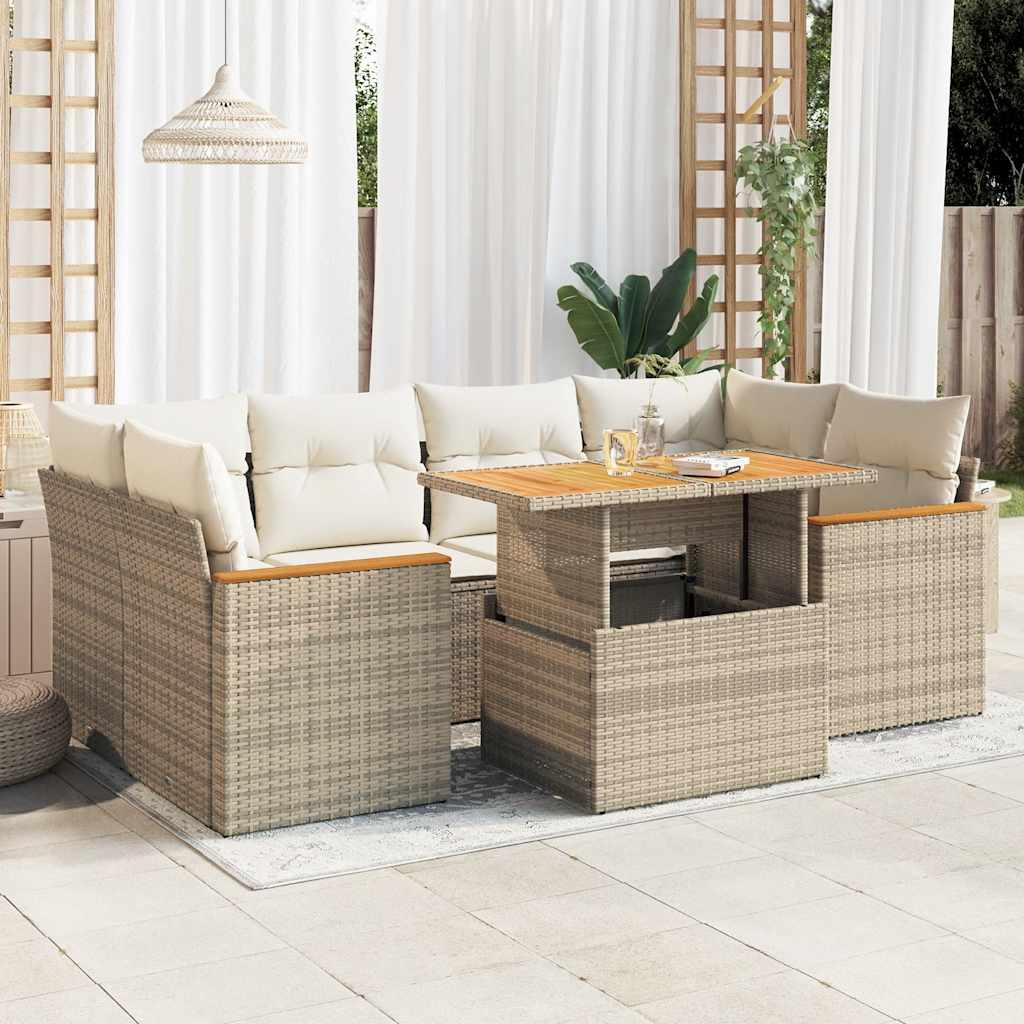 6-delige Loungeset met kussens poly rattan acacia beige