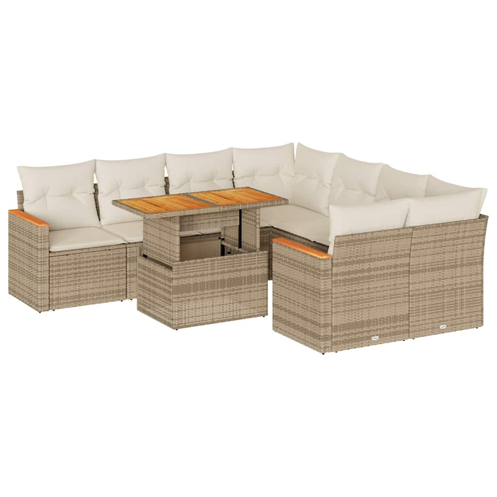 9-delige Loungeset met kussens poly rattan acacia beige