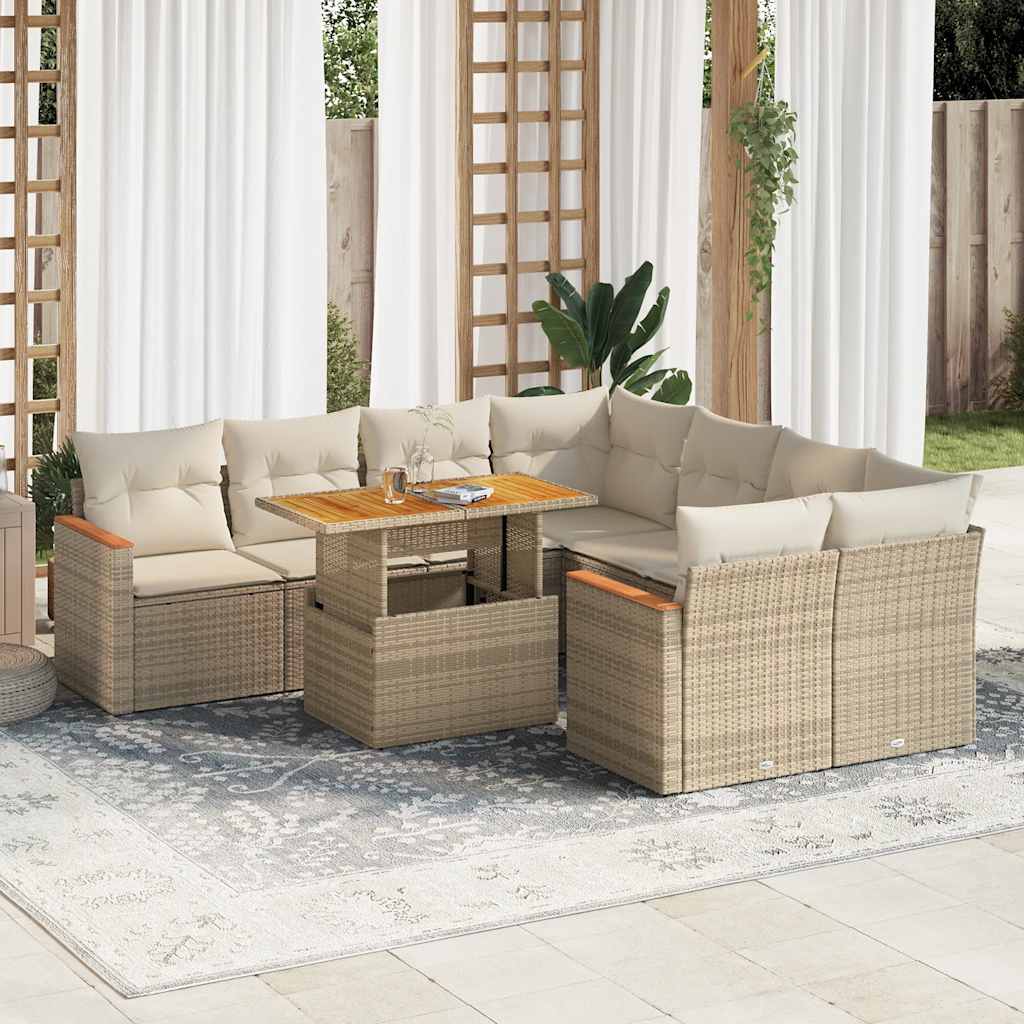 9-delige Loungeset met kussens poly rattan acacia beige