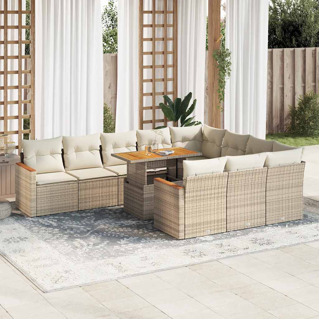 11-delige Tuinset met kussens poly rattan acacia beige